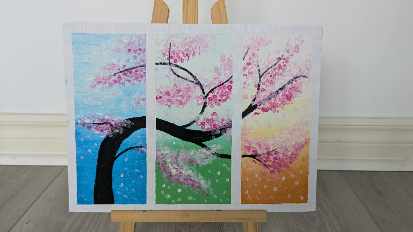Hand-Painted Triptych Cherry Blossom Tree Canvas Art 🌱