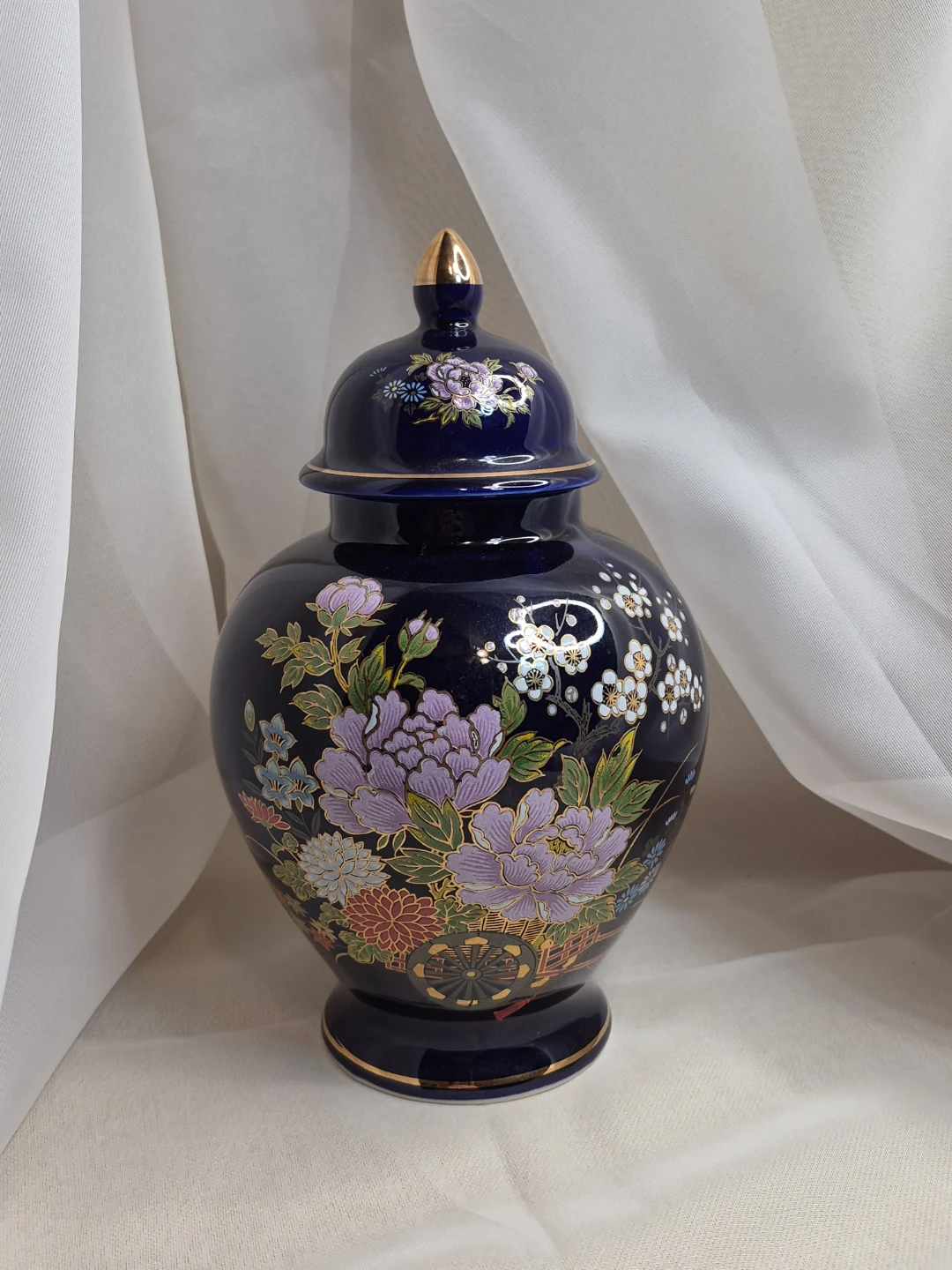 Vintage Japanese Kutani Enameled Floral Cobalt Blue Ginger Jar