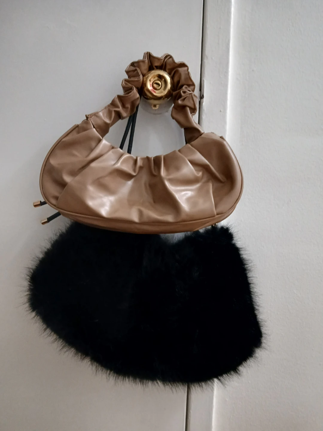 3 Assorted Handbags: Black Furry, Tan Ruched, Black Utility - photo 2