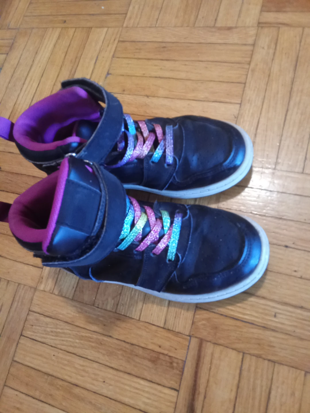 Black High-Top Sneakers with Rainbow Glitter Laces