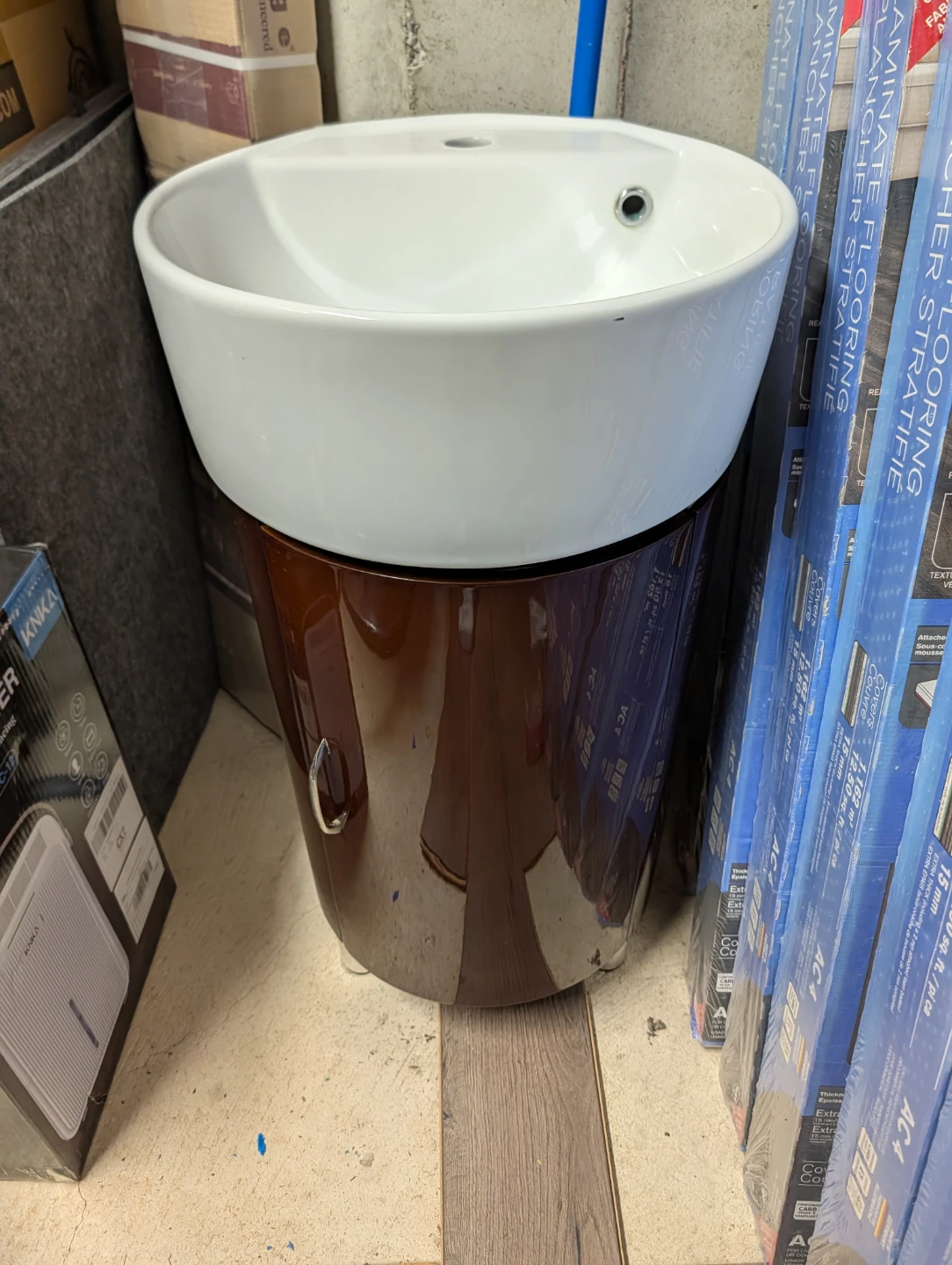 White Ceramic Sink with Brown Cabinet Base