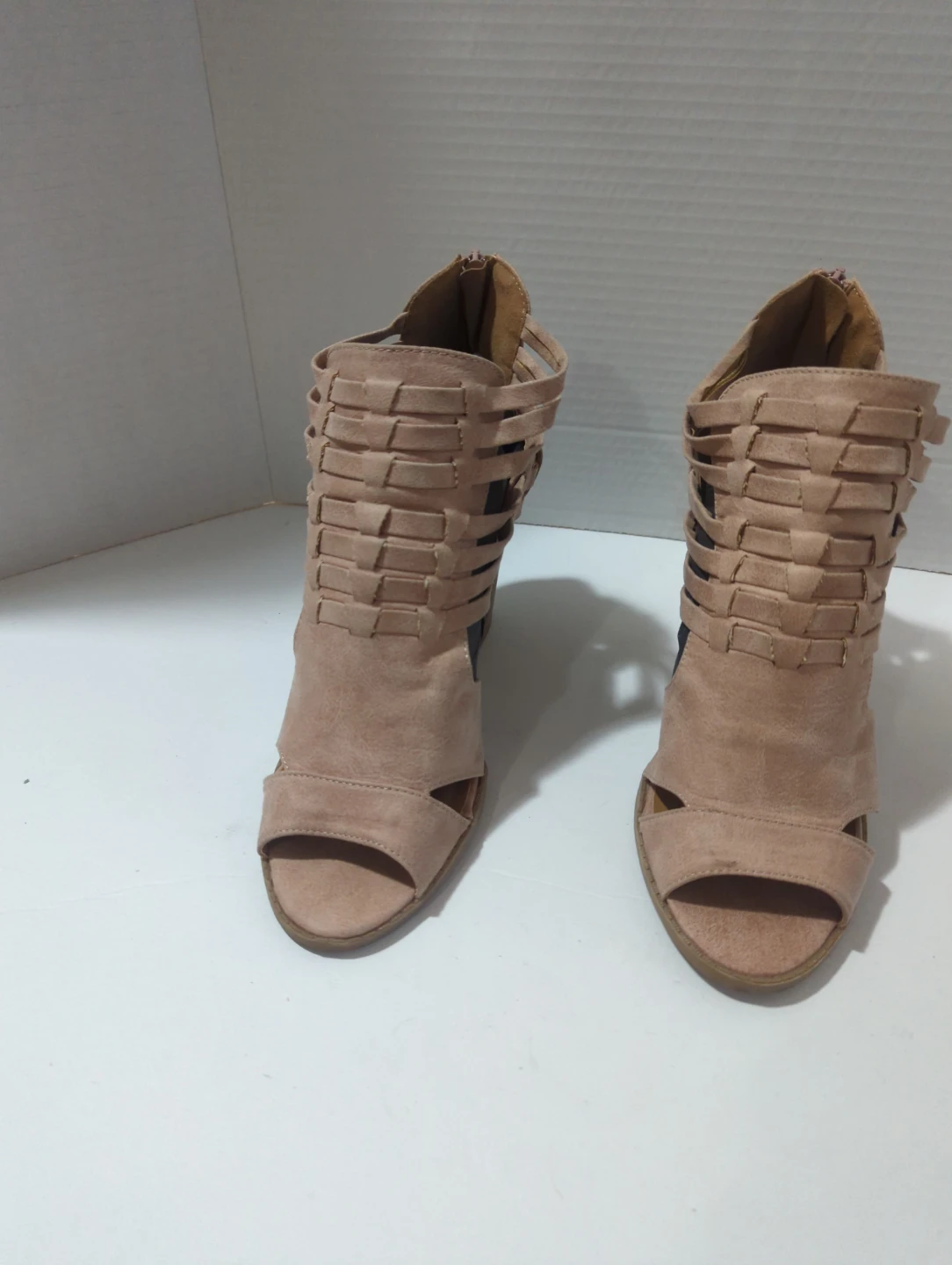 CUPID pink Suede Gladiator Block Heel Booties