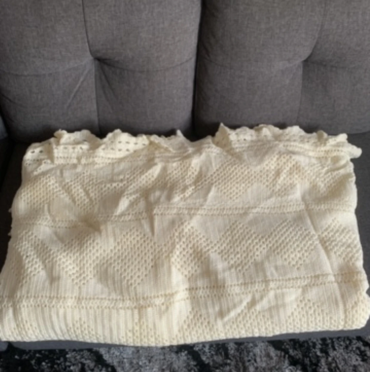 Vintage Cream Crochet Lace Throw Blanket