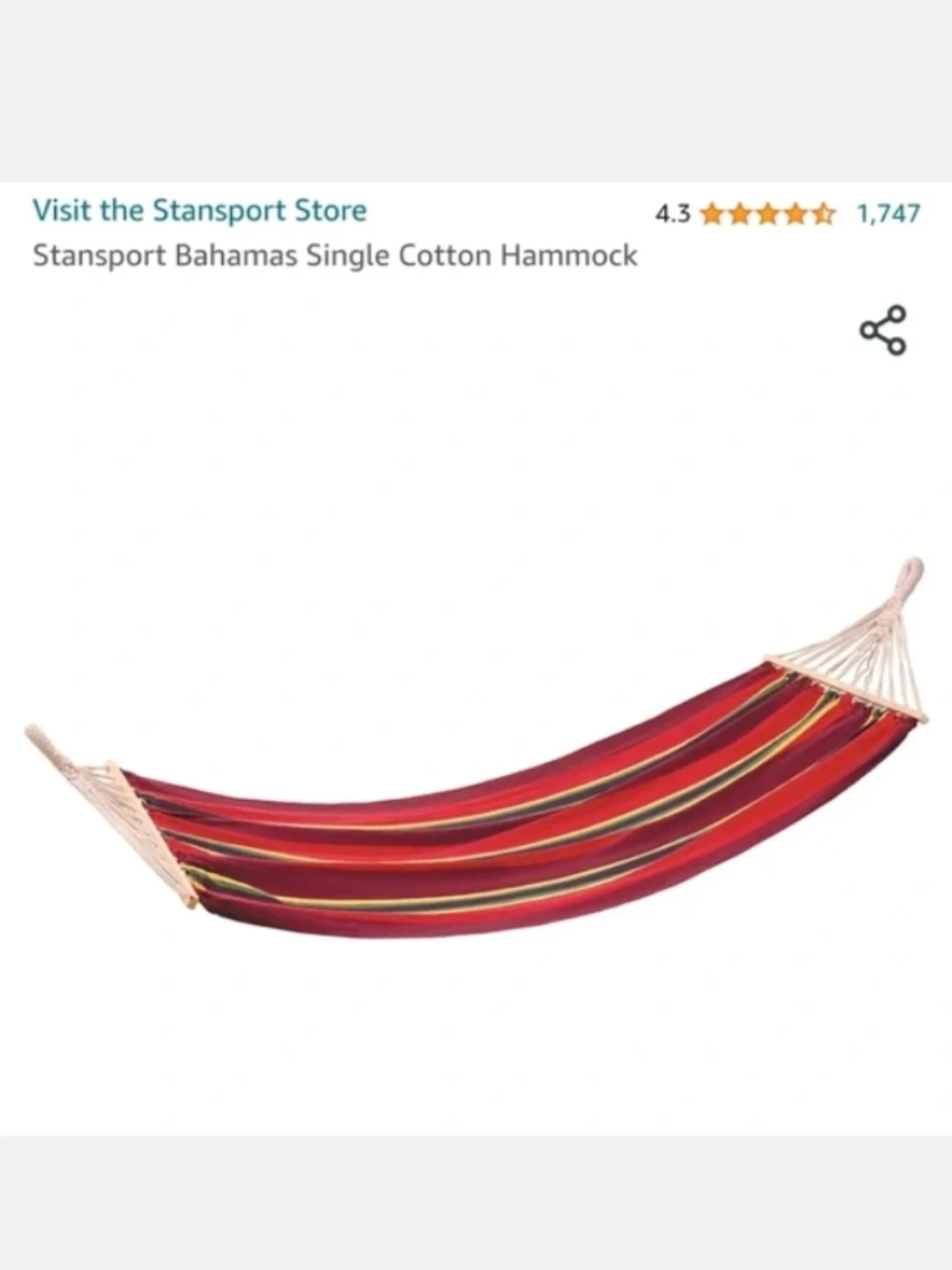 Stansport Cotton Hammock Red Yellow Green Blue Stripes