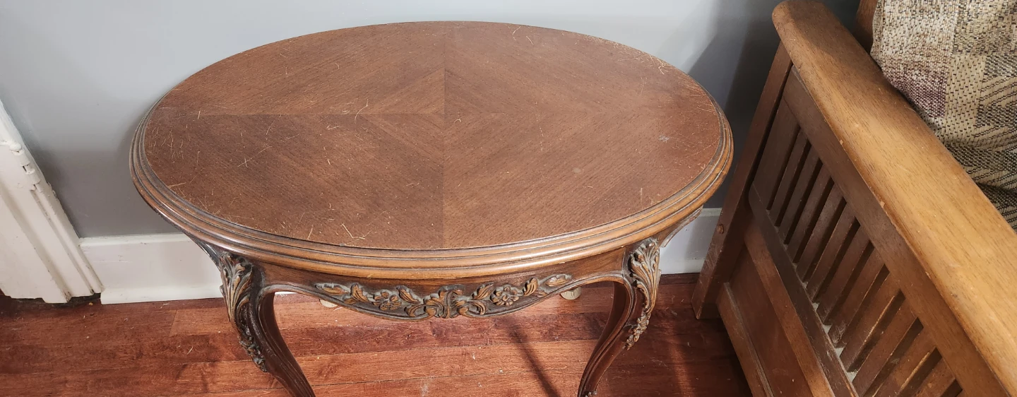 Vintage Oval Wood Side Table with Carved Details