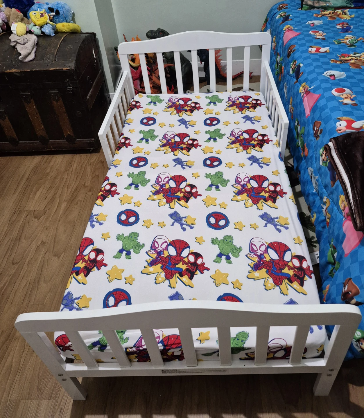 White Toddler Bed with Spider-Man Sheet