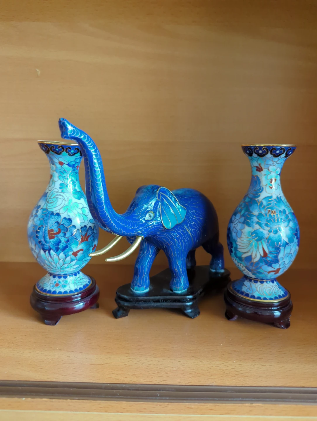 Blue Cloisonné Elephant Figurine with Vases