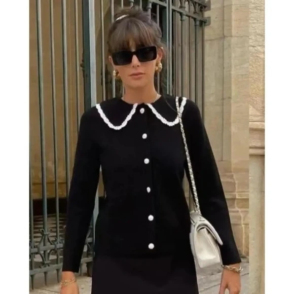 Sézane Black Merino Wool Cardigan with White Collar