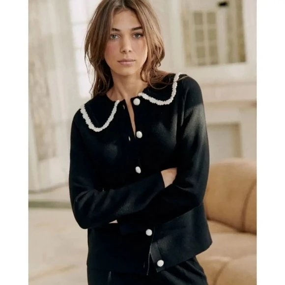 Sézane Black Merino Wool Cardigan with White Collar - photo 4