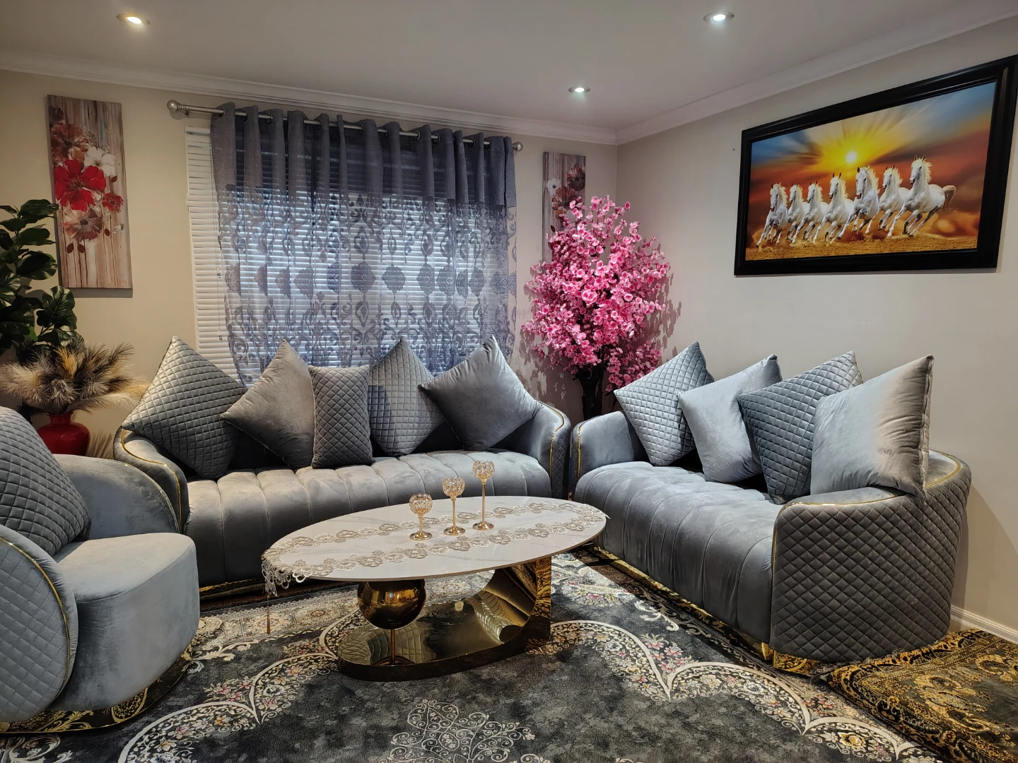 Grey Velvet Sofa Set with Gold Accents