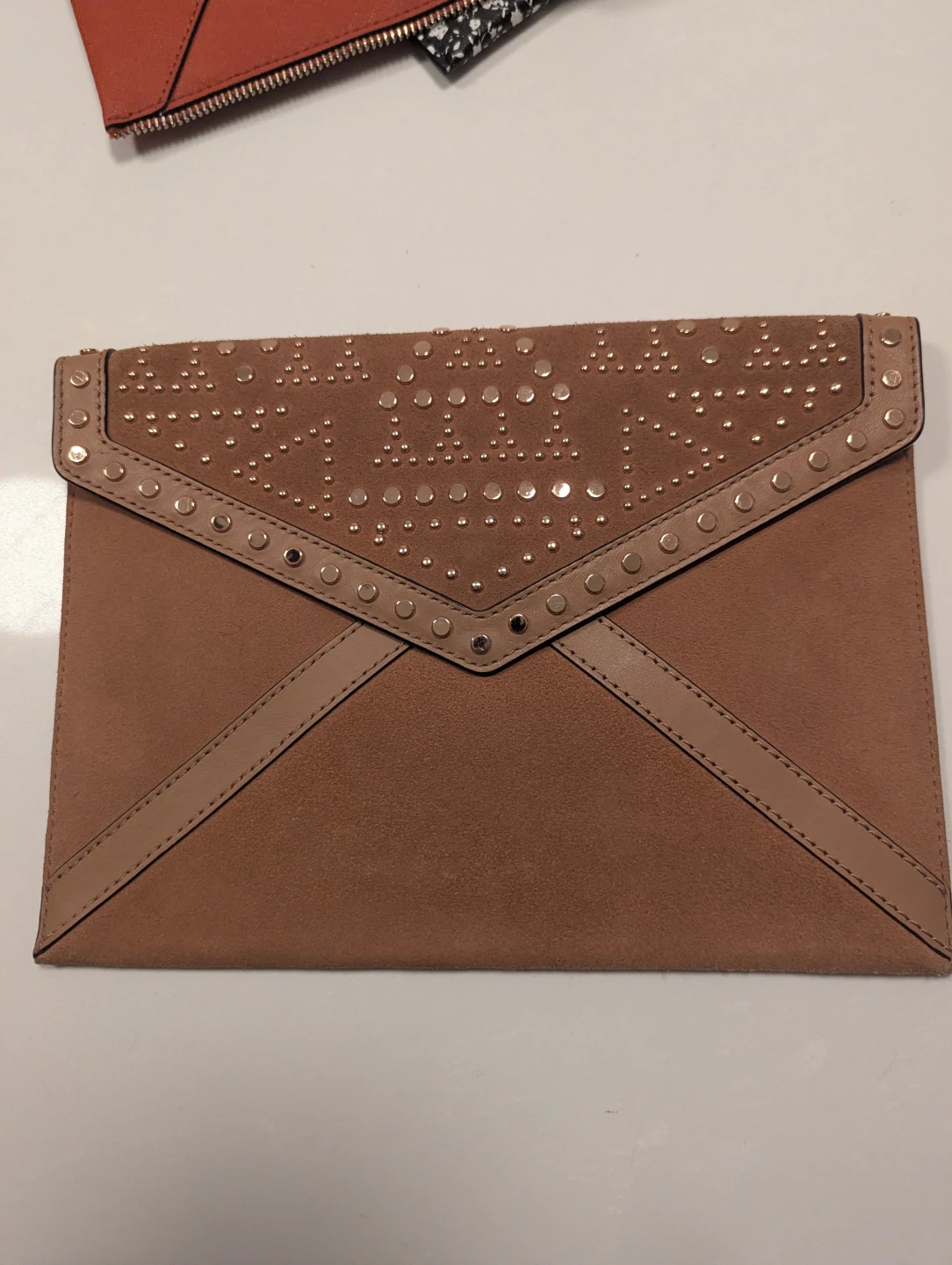 Rebecca Minkoff Brown Suede Envelope Clutch with Gold Studs