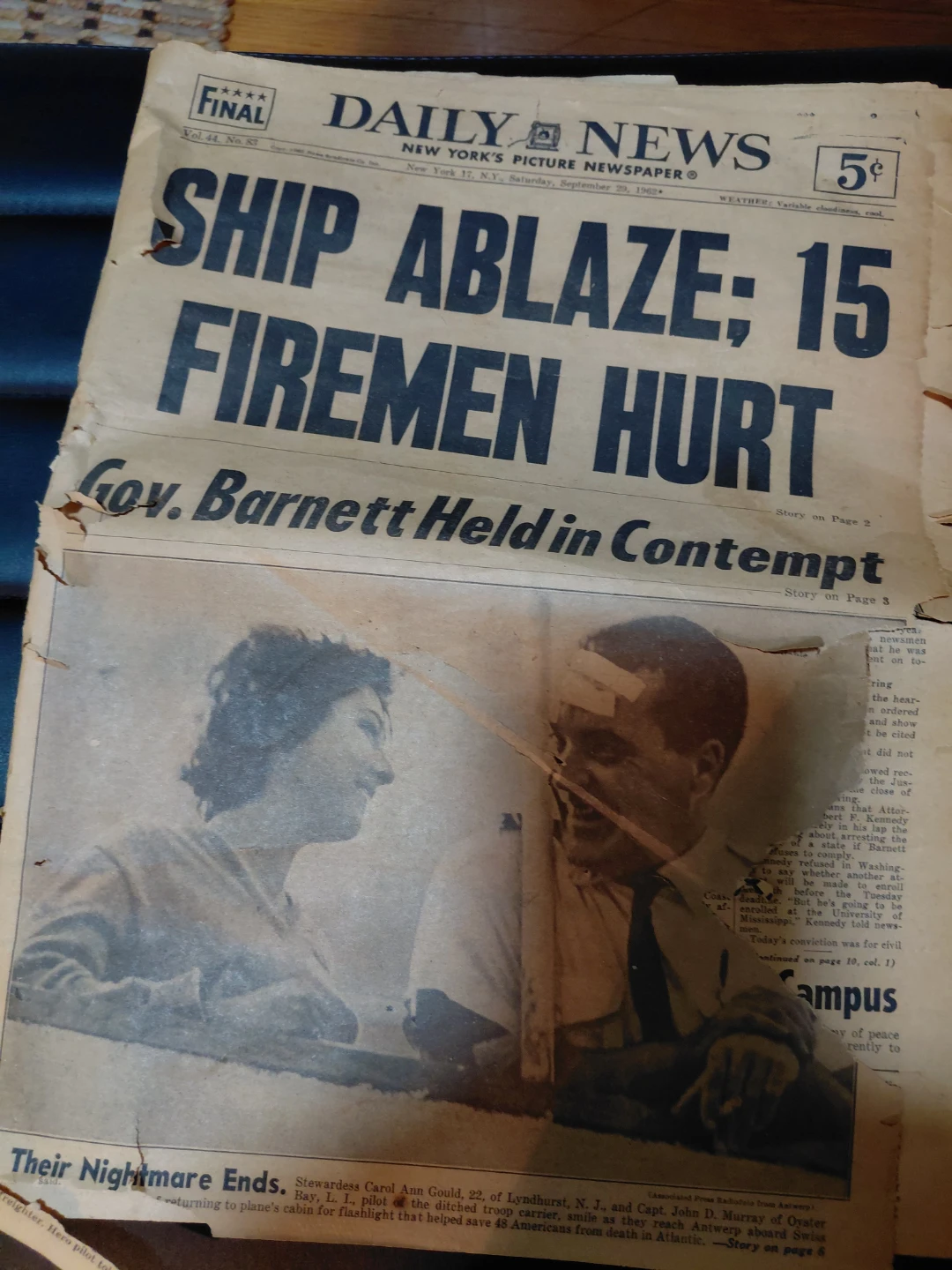 1962 Daily News Newspaper - Ship Ablaze Headline