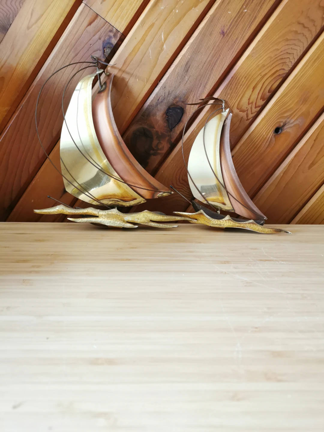 Vintage Set of 2 Brass Copper & Wood Sailboat Wall Hangings