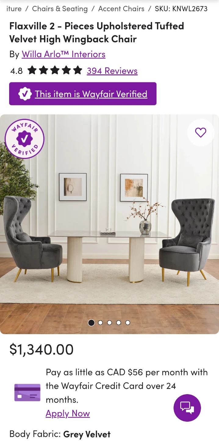 2 KINWELL Upholstered Tufted Accent Chairs in gray velvet