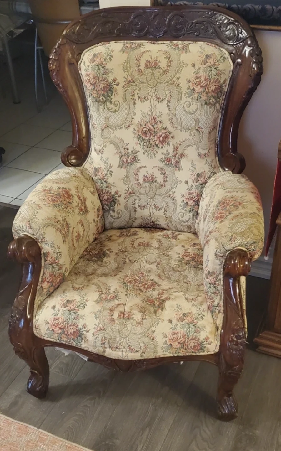 Vintage Armchair with Floral Upholstery and Carved Wood Frame