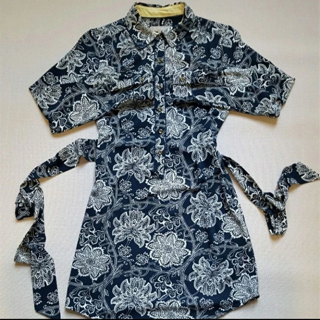 Navy floral print button-up shirt dress - photo 2