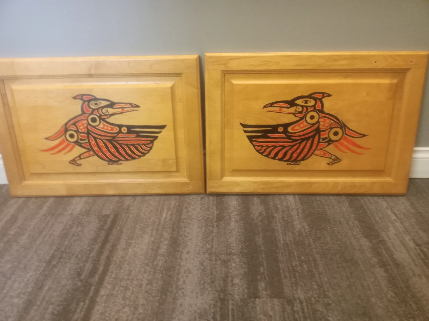 Pair of Decorative Wooden Panels with Raven Art