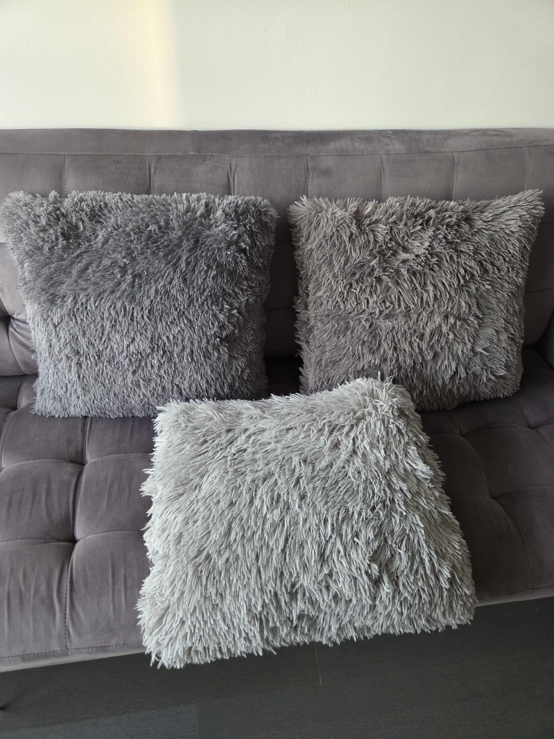 Set 3 Grey Fluffy Throw Pillows