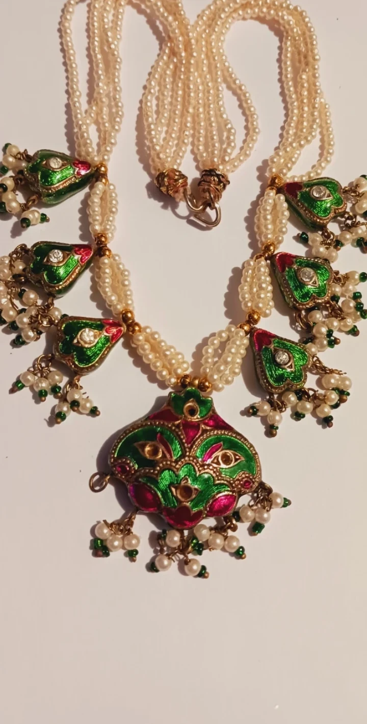 Minakari Kundan Traditional Indian Pearl Necklace w/Charms