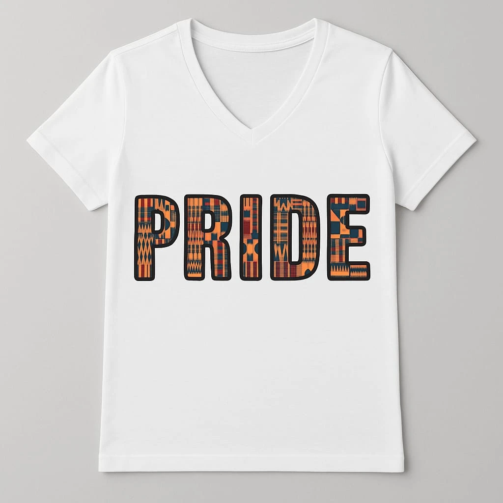 White V-Neck T-Shirt with African Art Graphic