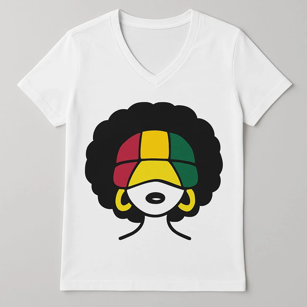 White V-Neck T-Shirt with African Art Graphic - photo 3