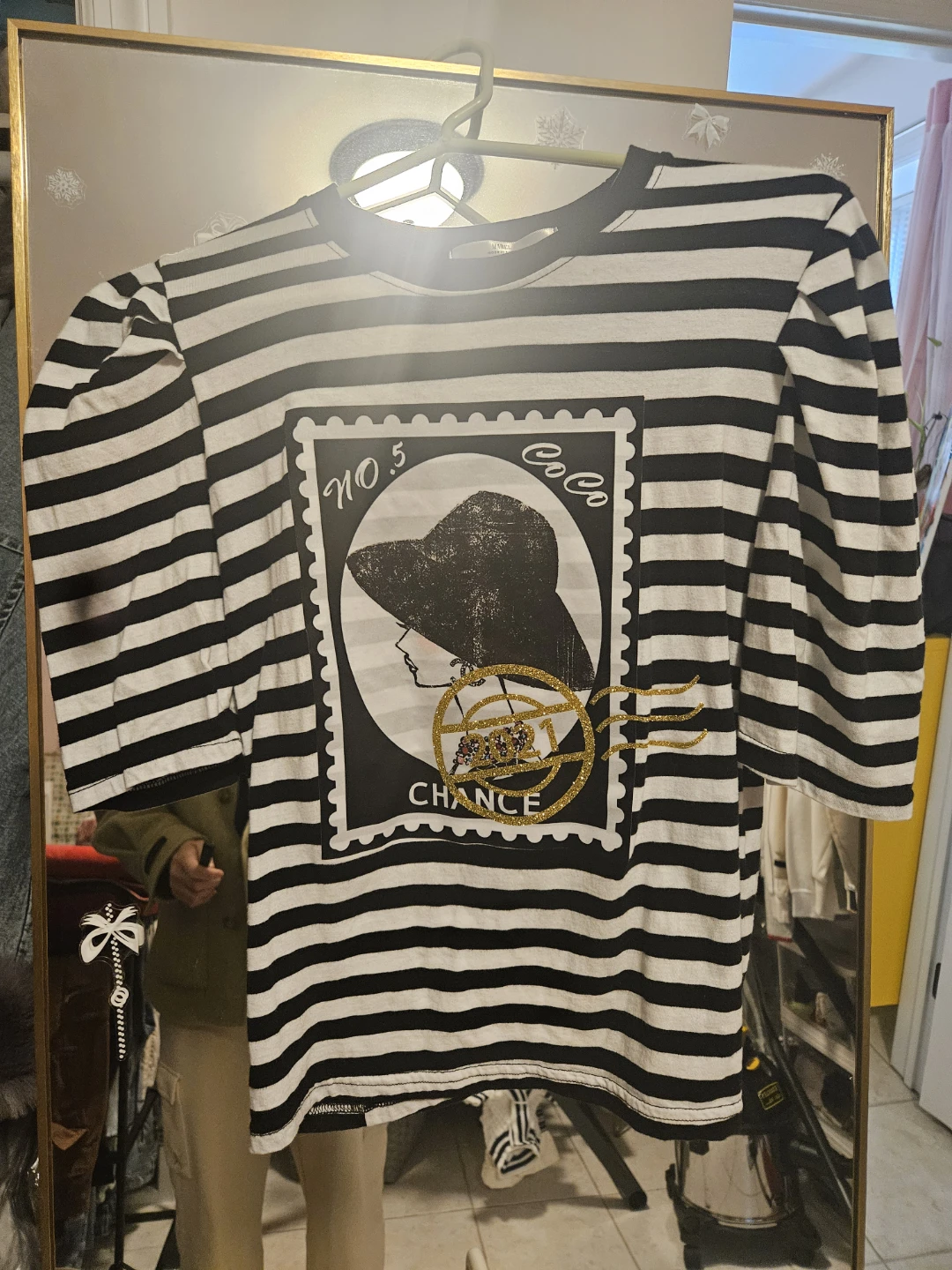 Black and White Striped T-Shirt with Stamp Graphic