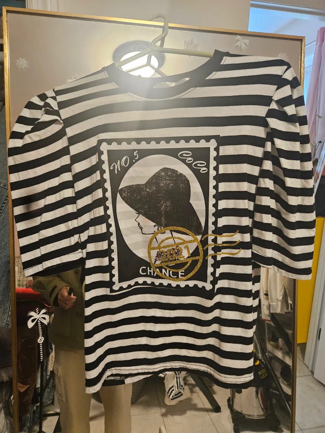 Black and White Striped T-Shirt with Stamp Graphic