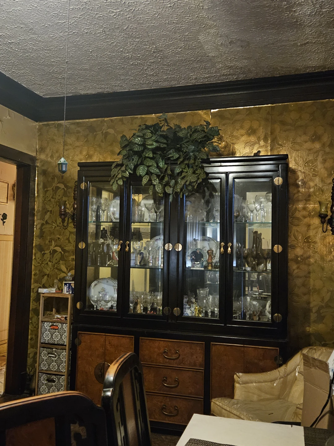 Black Glass Display Cabinet with Wood Accents