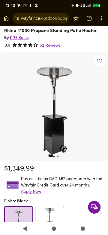 Rhino 41,000 BTU Propane Standing and Rolling Patio Heater