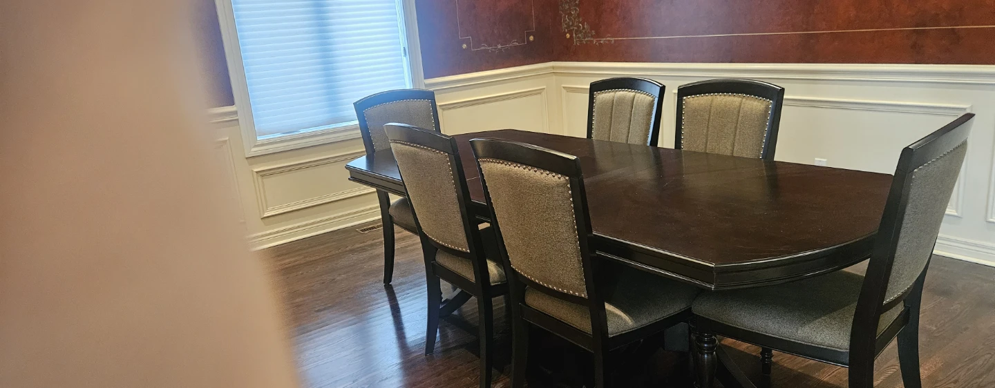 Dark Wood Dining Table with Upholstered Chairs