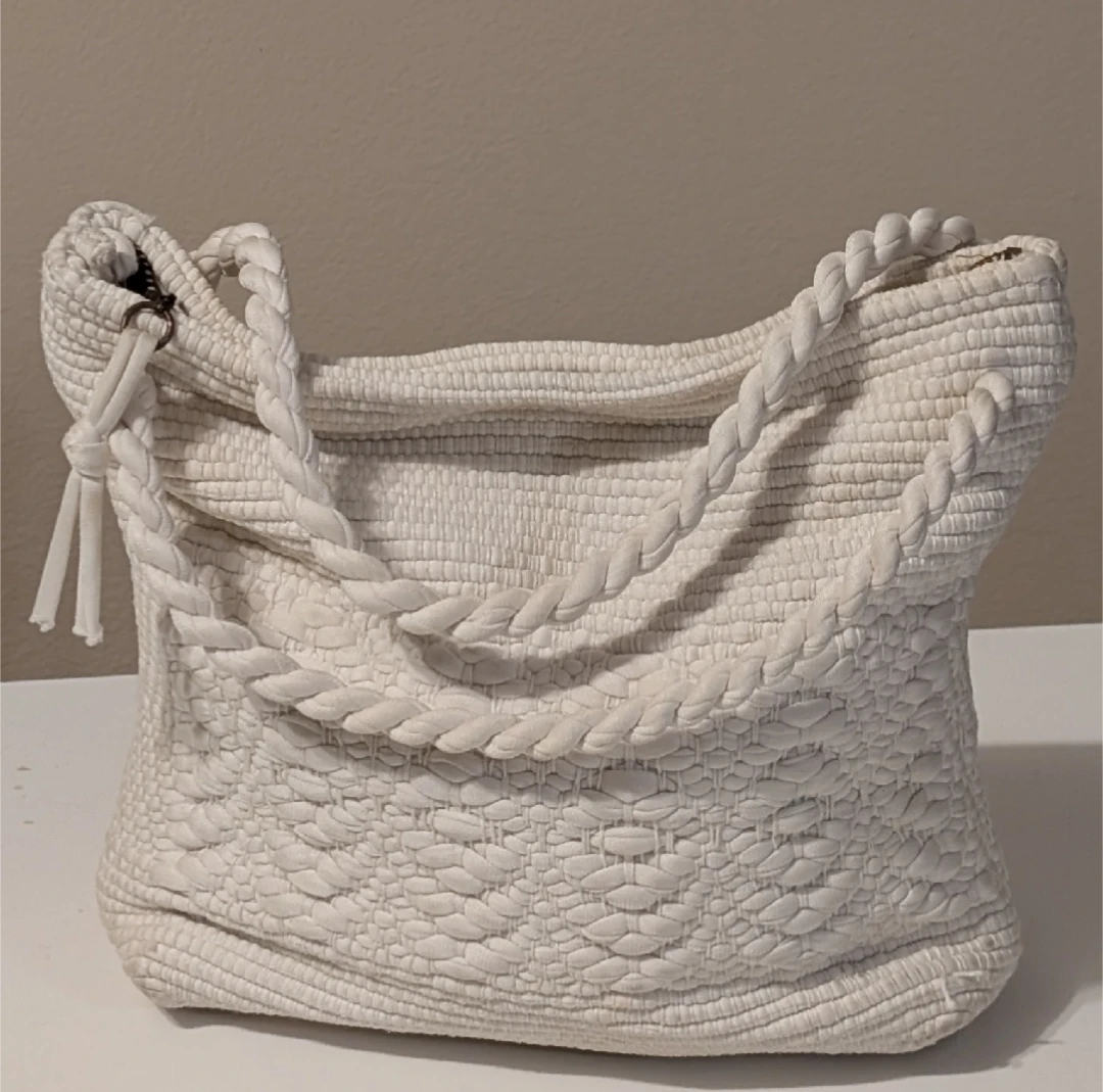 Cream Woven Shoulder Bag with Rope Handles