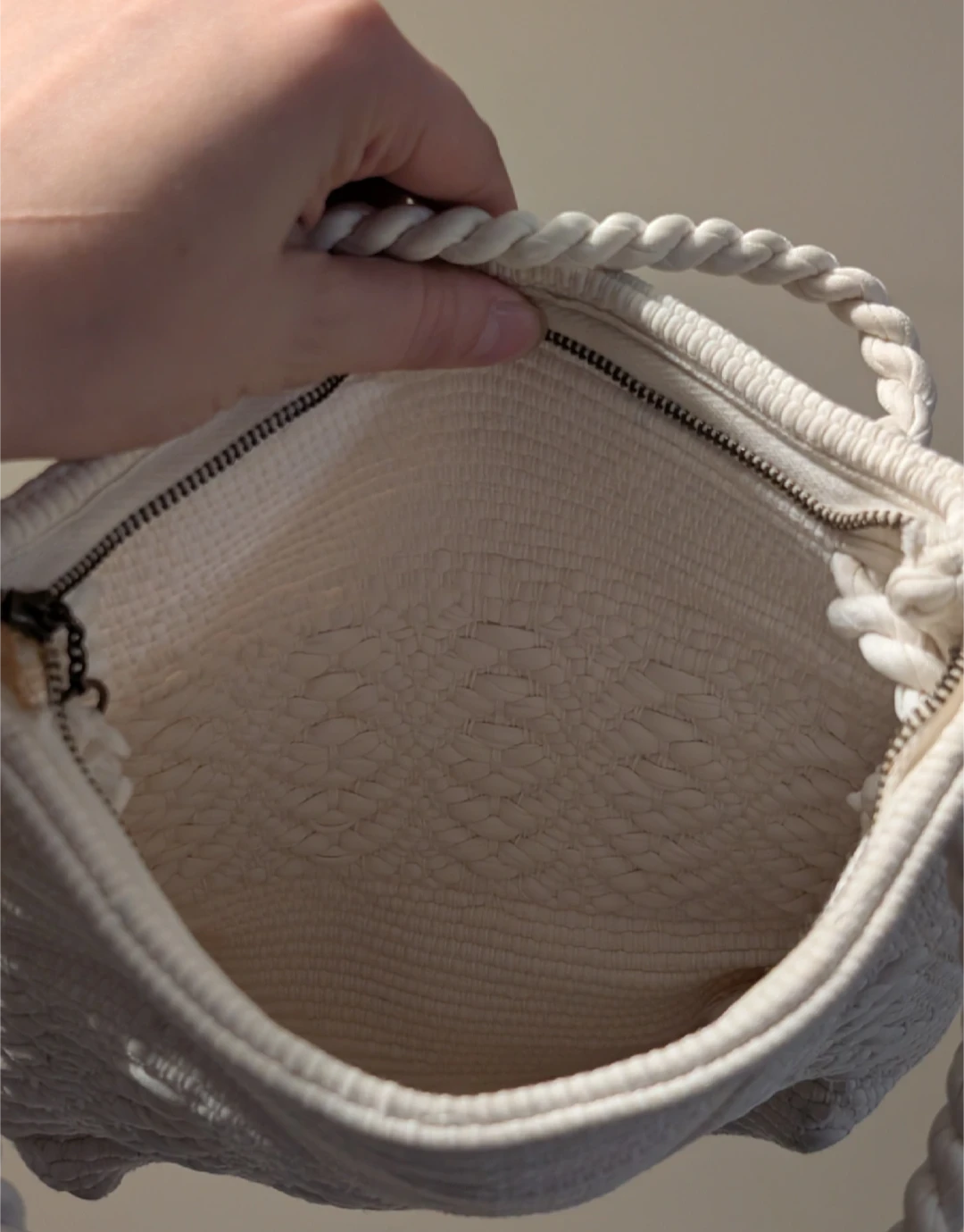 Cream Woven Shoulder Bag with Rope Handles - photo 2