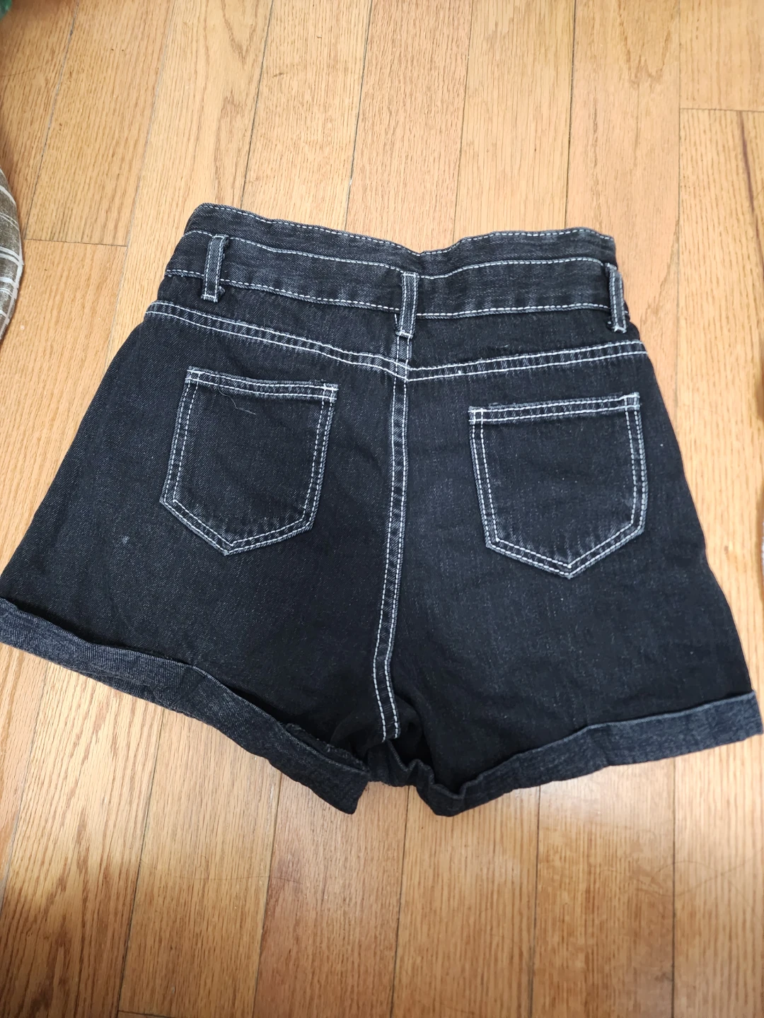 High-Waisted Black Denim Shorts - Size S  - Contrast Stitch - photo 2