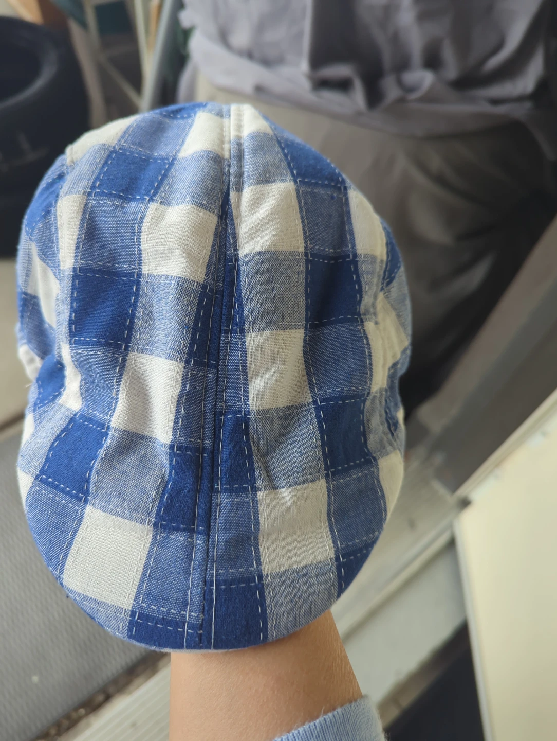 Blue and White Gingham Flat Cap