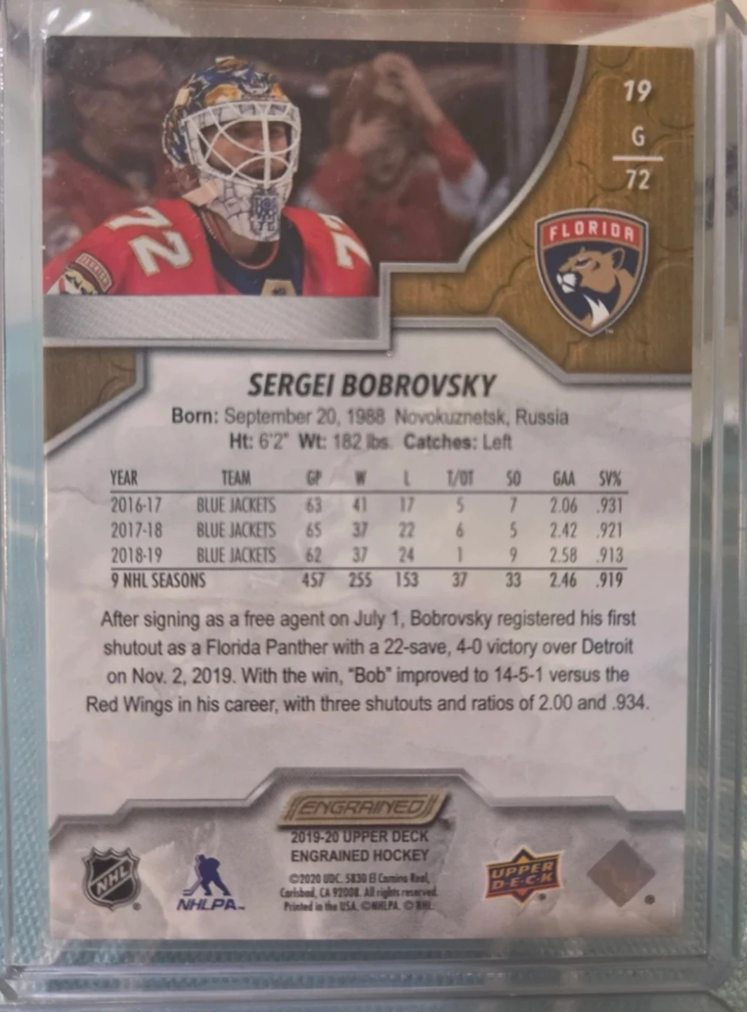 Upper Deck Sergei Bobrovsky Florida Panthers Hockey Card 063/299 - photo 2