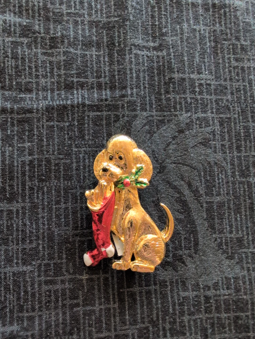 Gold Tone Dog with Christmas Stocking Pin
