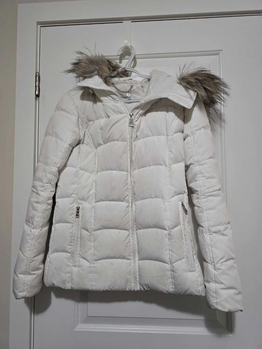 Calvin Klein White Puffer Jacket with Fur Trim Hood