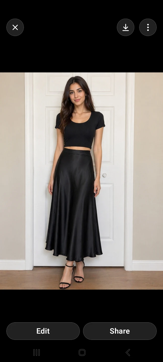 Black satin midi skirt
