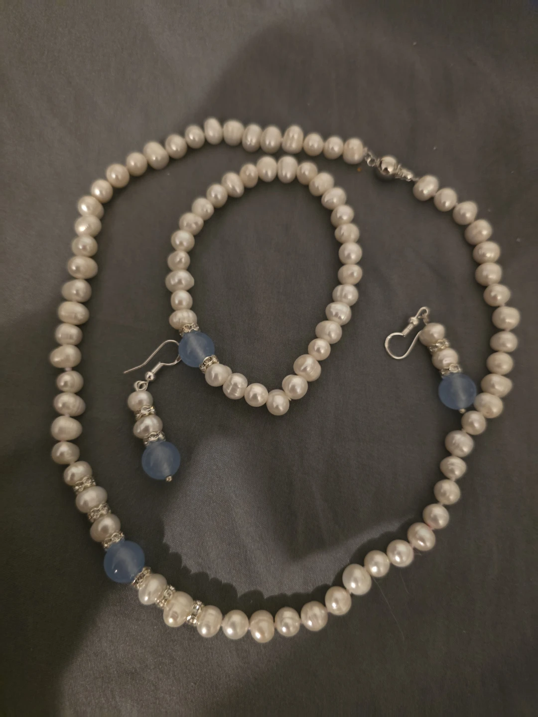 Pearl Necklace, Bracelet, and Earring Set with Blue Beads