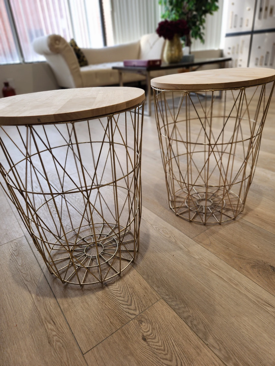 Set of 2 Gold Wire Basket Side Tables with Wood Tops