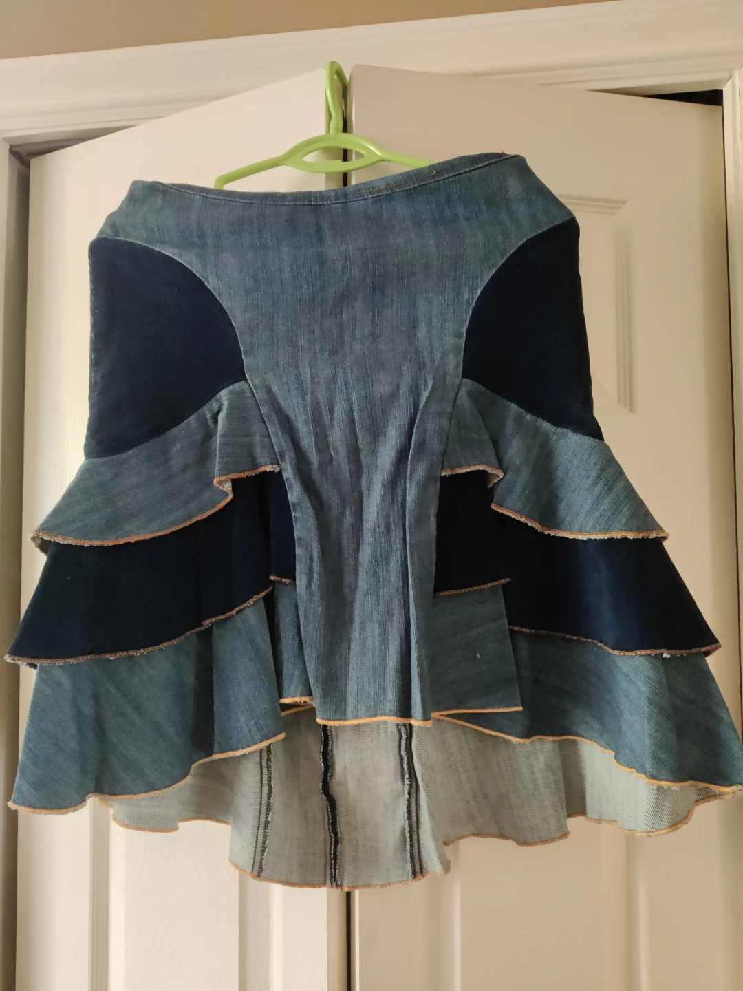 Denim Ruffled Tiered Midi Skirt