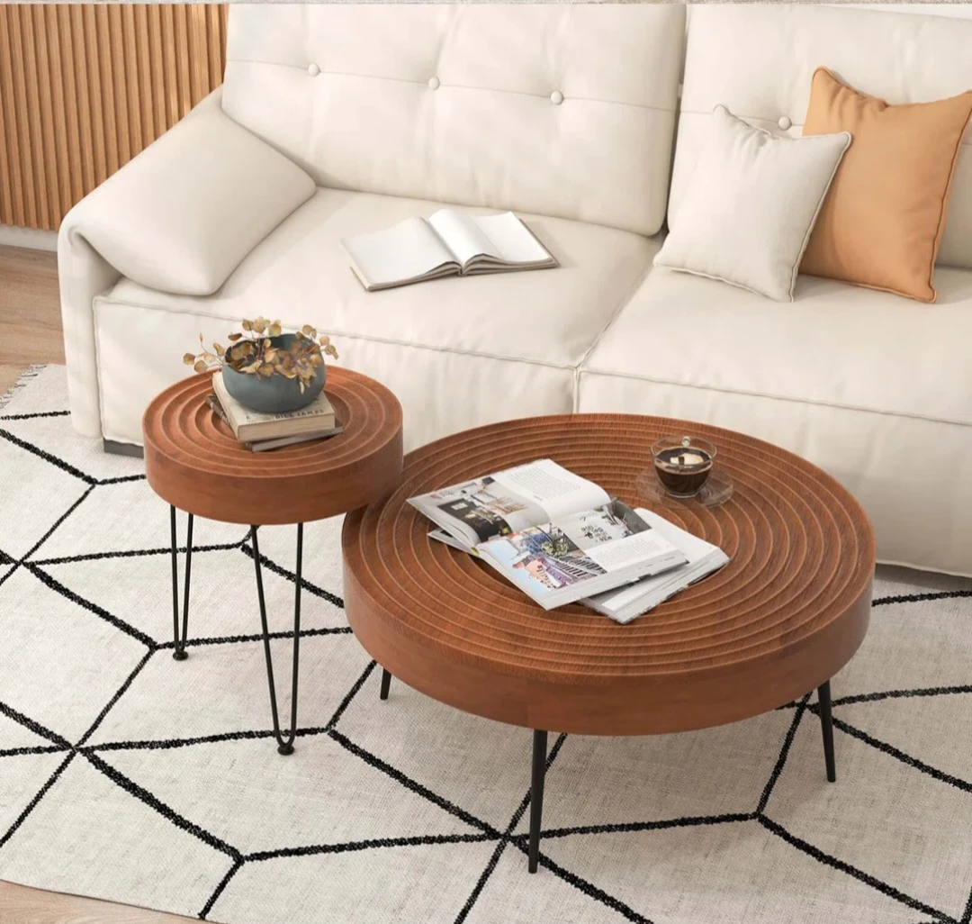 2-Piece Coffee Table Set - Natural Pine Wood & Metal Frame