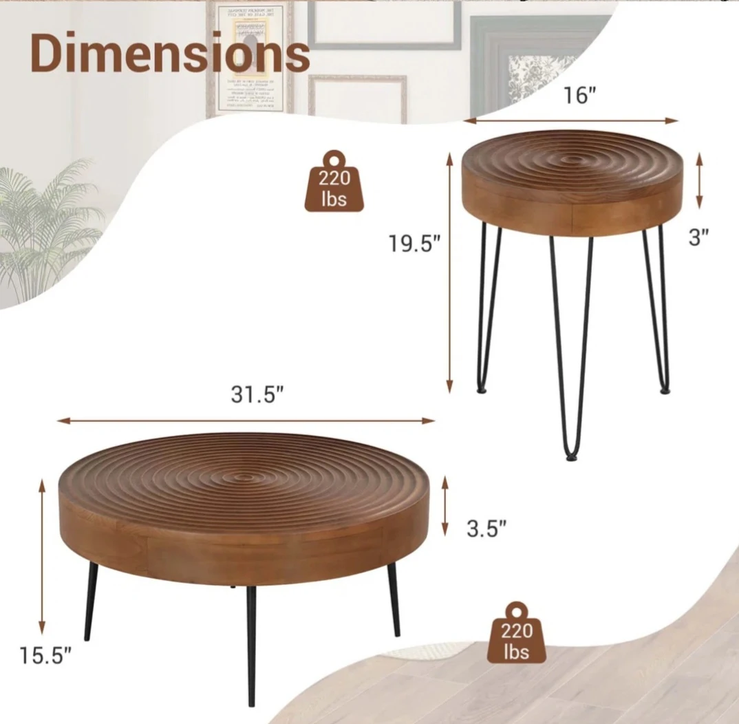 2-Piece Coffee Table Set - Natural Pine Wood & Metal Frame - photo 3