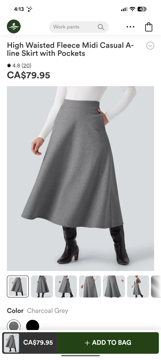 Halara High Waisted Fleece Midi A-line Skirt Charcoal Grey XL