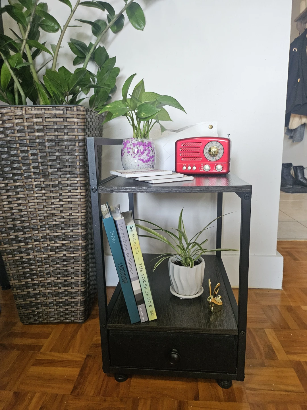 Dark wood & black metal end table with drawer