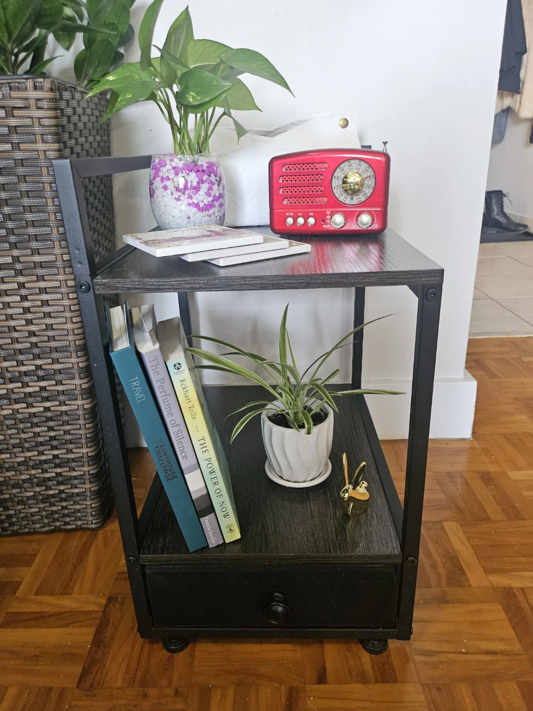 Dark wood & black metal end table with drawer - photo 2