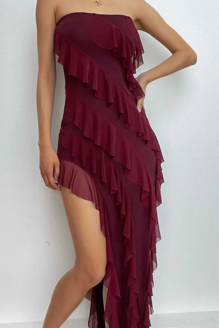 Maroon Ruffled Strapless Dress