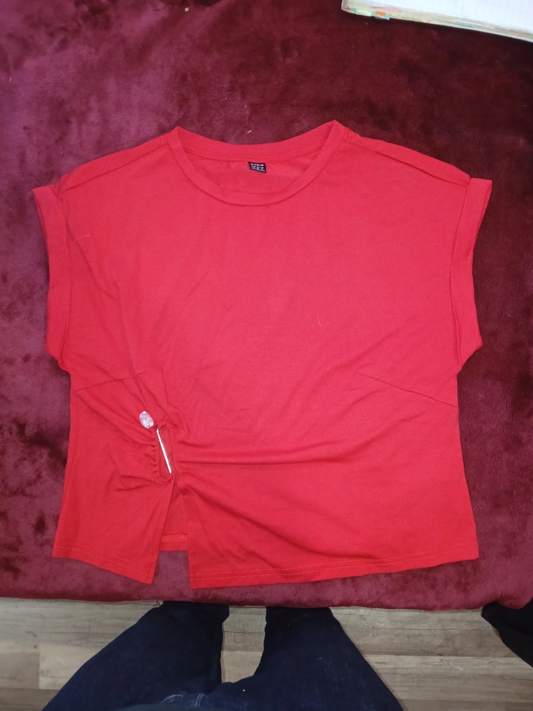 Red Shein Cropped T-Shirt with Button Detail