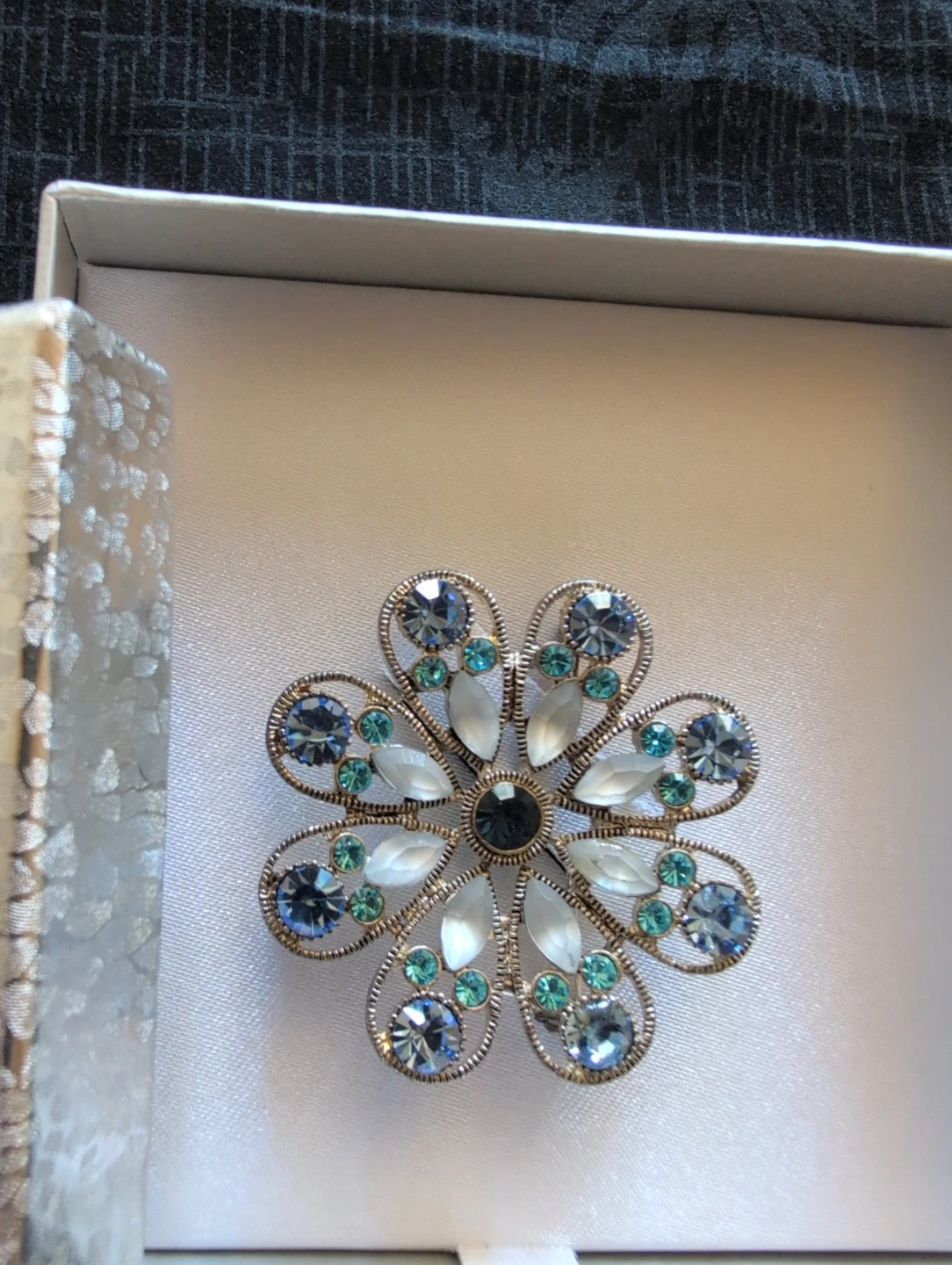 Flower Brooch with Blue and Clear Crystals