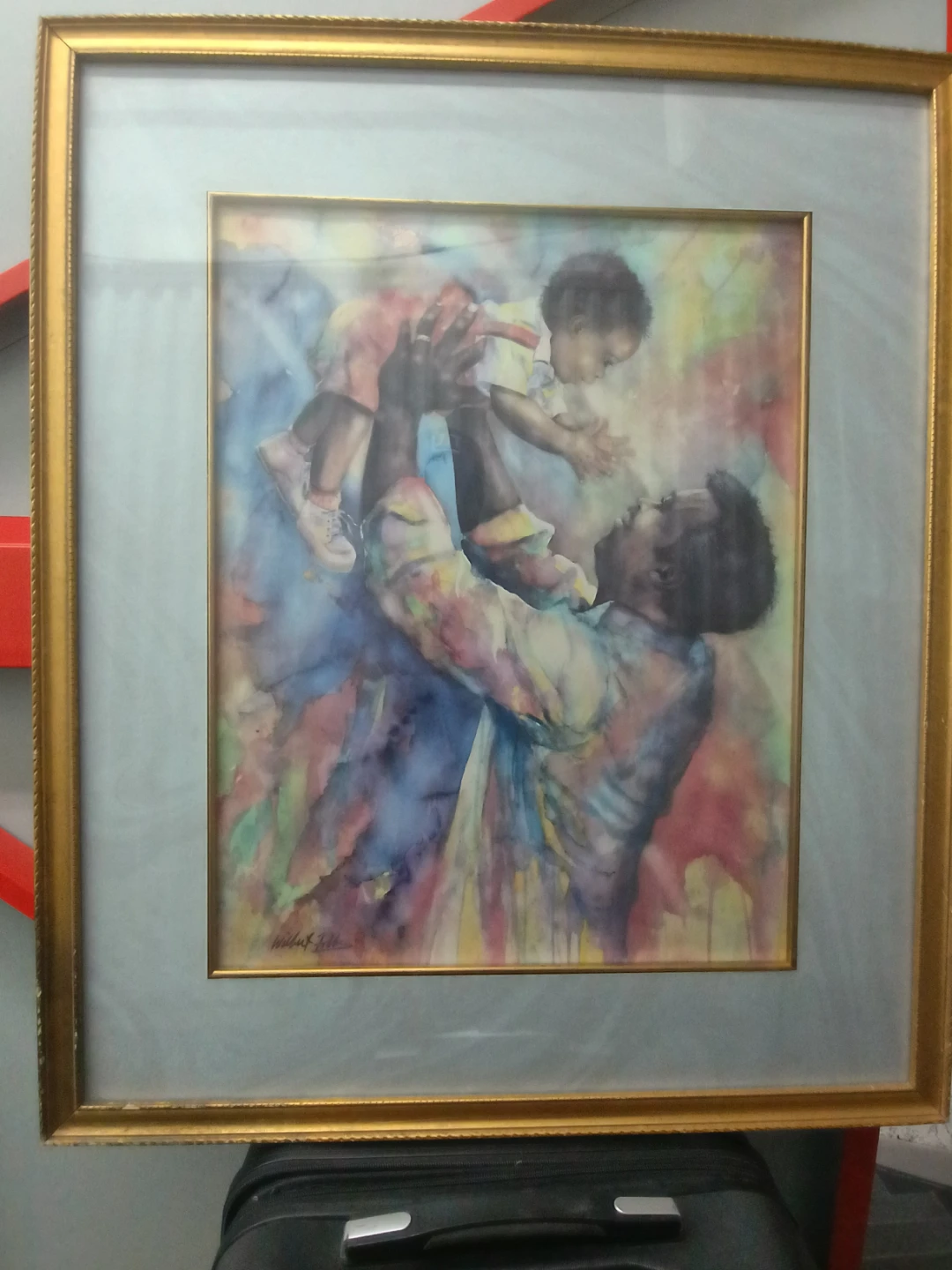 Framed Father and Child Watercolor Painting